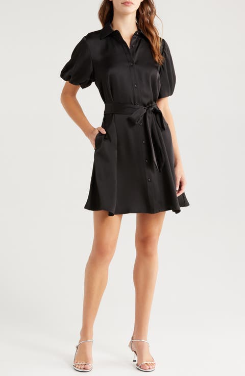 Puff Sleeve Satin Mini Shirtdress