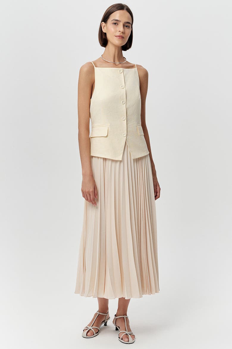 Angeletta Sleeveless Linen Trim Pleated Midi Dress, Alternate, color, Beige