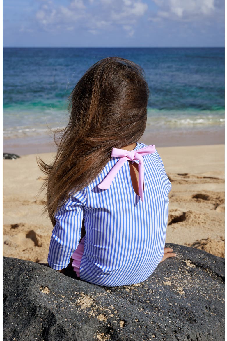Kids' Stripe Ruffle Long Sleeve UPF 50+ One-Piece Rashguard Swimsuit, Alternate, color, MARINA BLUE