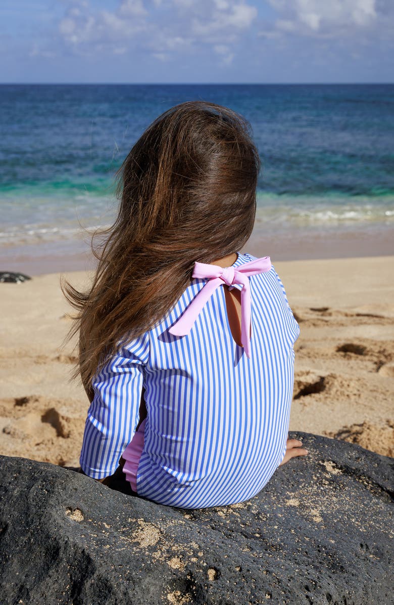 Feather 4 Arrow Kids' Stripe Ruffle Long Sleeve UPF 50+ One-Piece Rashguard Swimsuit, Alternate, color, Marina Blue