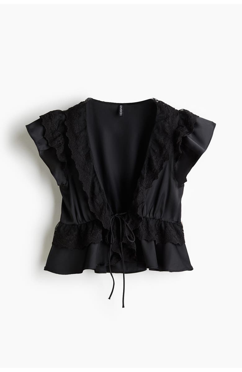H&M Flounce-trimmed Satin Blouse, Main, color, Black