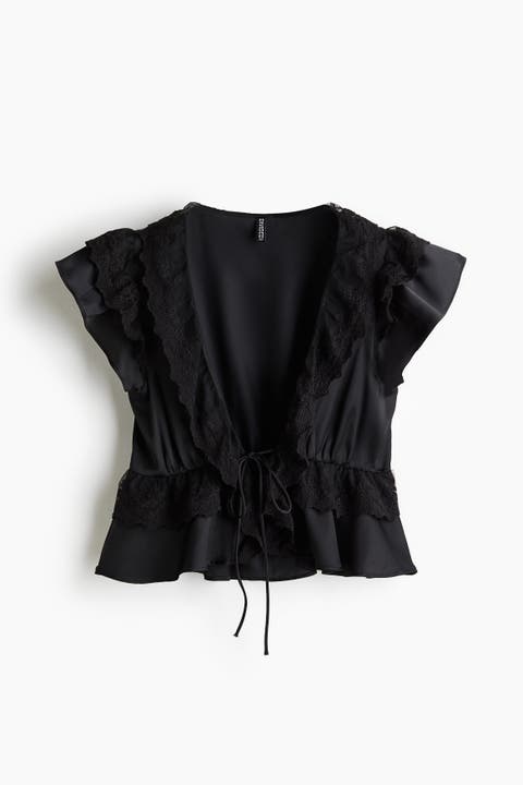 Flounce-trimmed Satin Blouse