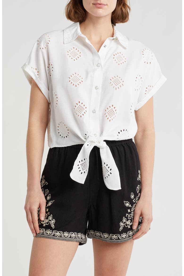 Embroidered Eyelet Short Sleeve Tie Front Shirt, Main, color, WHITE/ WHITE