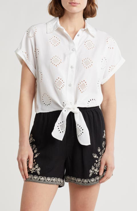 Embroidered Eyelet Short Sleeve Tie Front Shirt