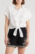 ELIE ELIE TAHARI Embroidered Eyelet Short Sleeve Tie Front Shirt
