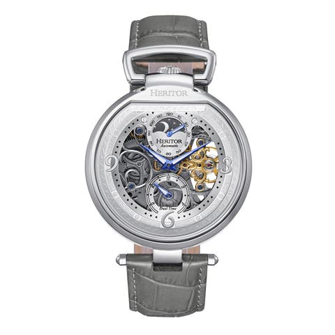 Lincoln Leather-Band Skeleton Watch with Moon Phase