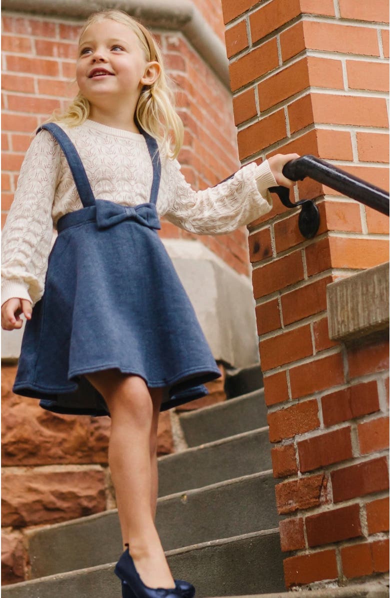 Hope & Henry Girls' Fleece Bow Front Suspender Skirt, Toddler, Alternate, color, Navy Herringbone