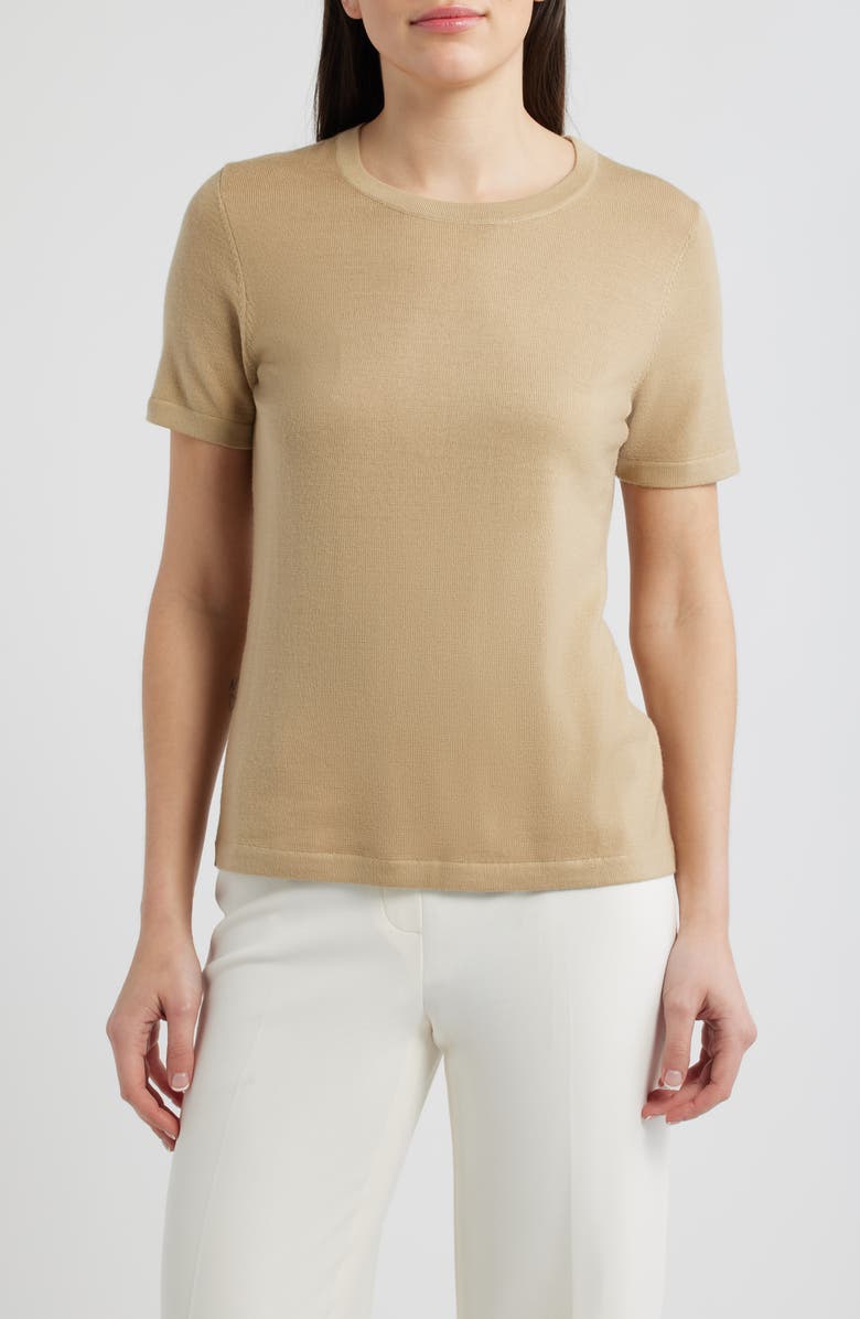 Anne Klein Luxe Washable Short Sleeve Wool Sweater, Main, color, Coffee Cream