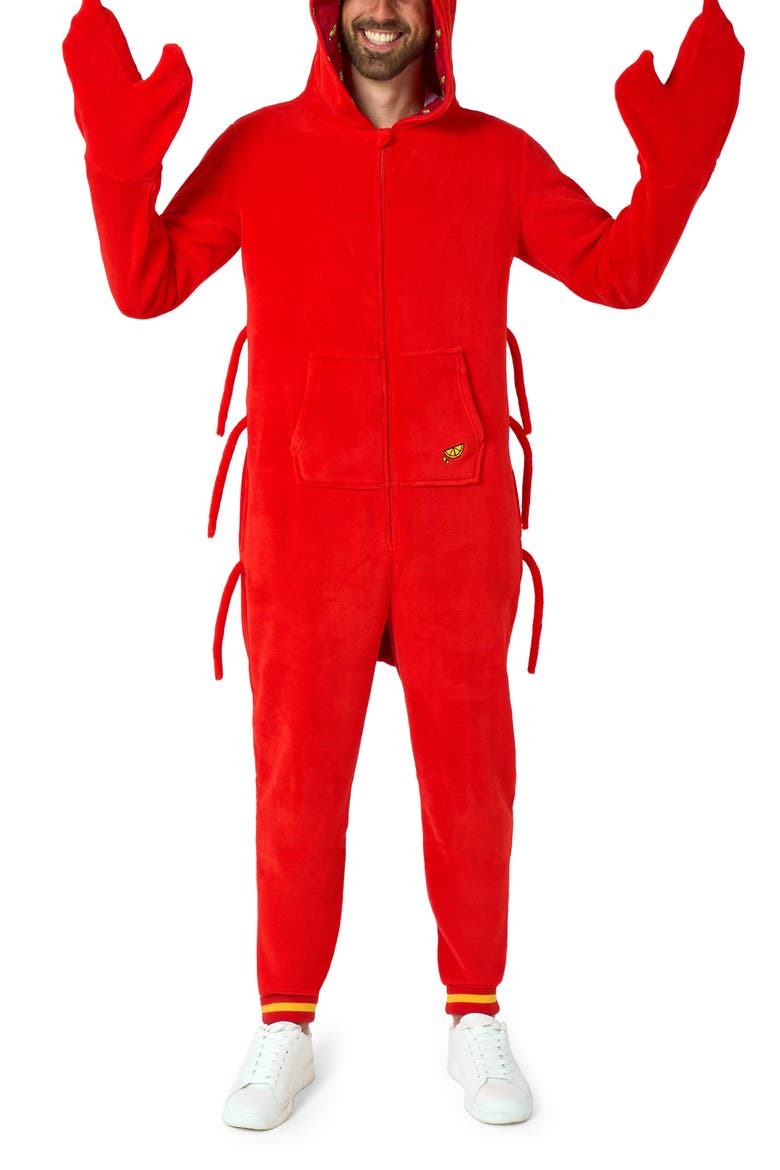 Lobster Hooded Fleece Costume Jumpsuit, Main, color, RED