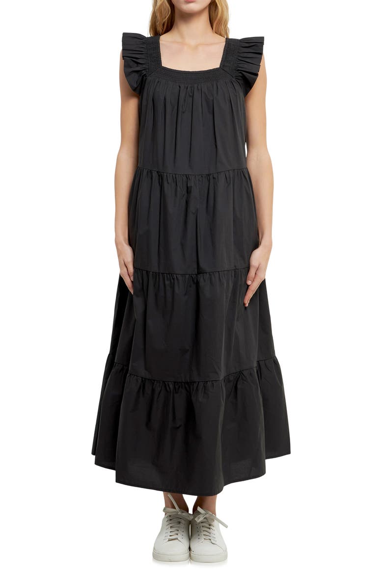 Ruffle Detail Midi Dress, Alternate, color, BLACK