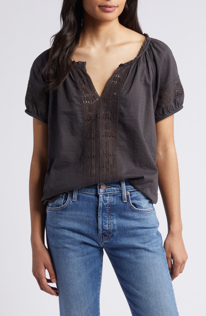 Lucky Brand Granny Square Crochet Accent Puff Sleeve Cotton Top, Main, color, 