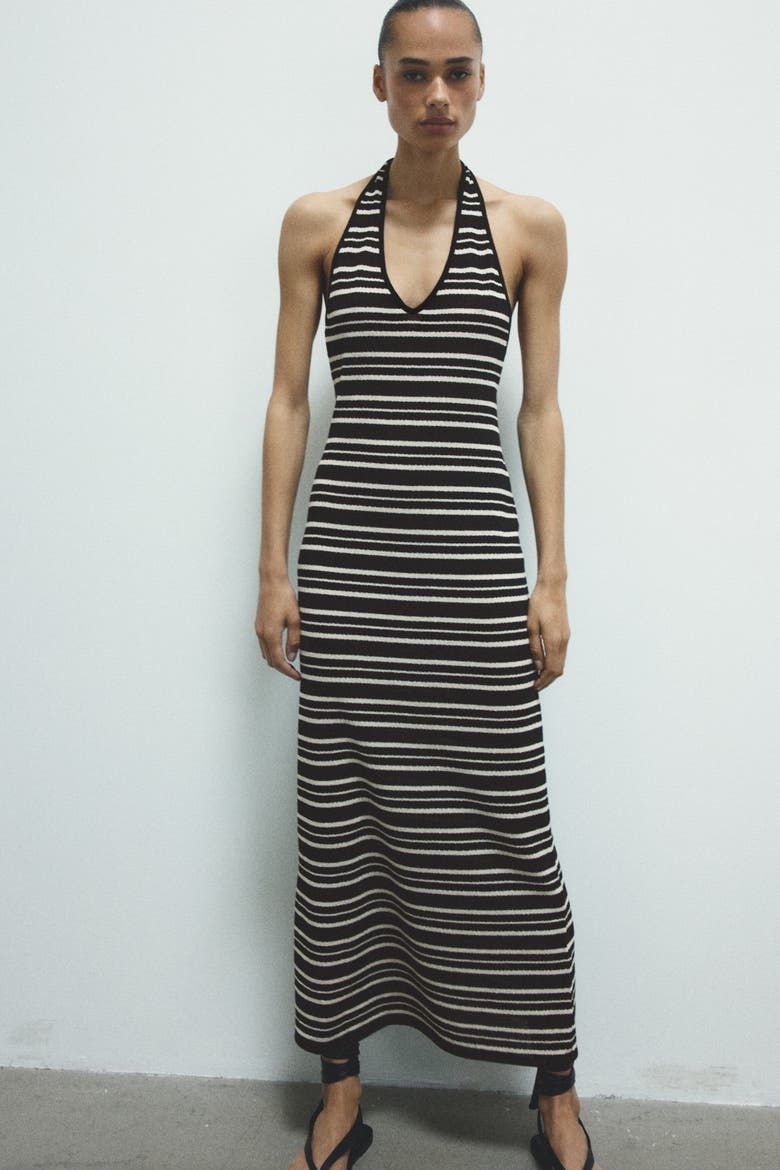 Knitted Halterneck Dress, Alternate, color, Black/striped