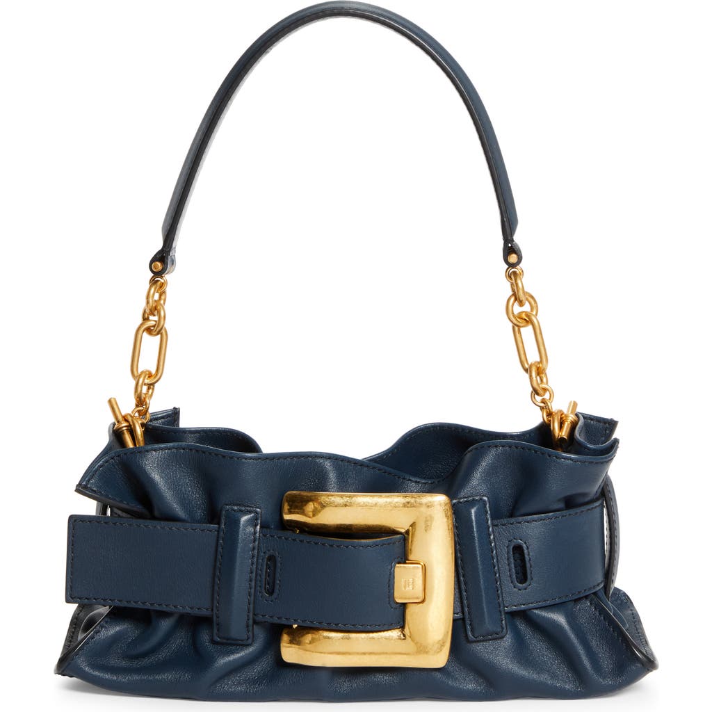 Balmain Anthem Mini Buckle Shoulder Bag In Calfskin Leather In Blue