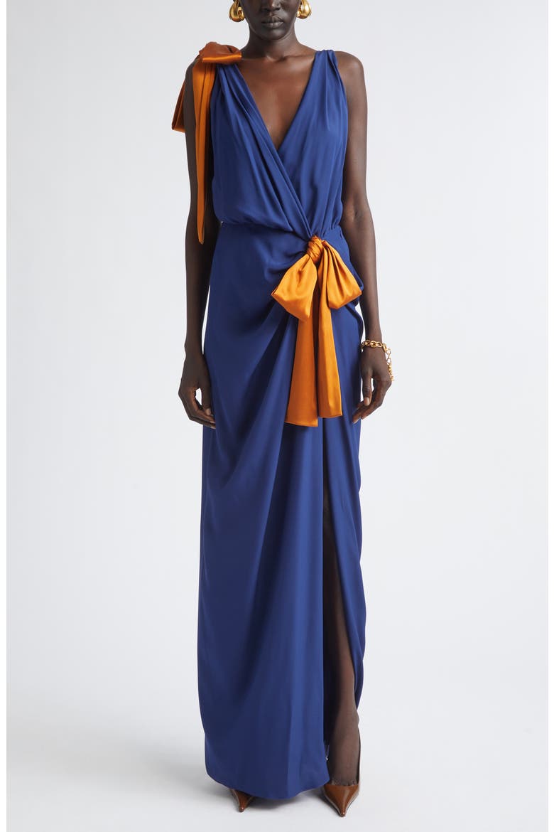Bow Detail Silk Satin Wrap Maxi Dress, Alternate, color, INDIGO