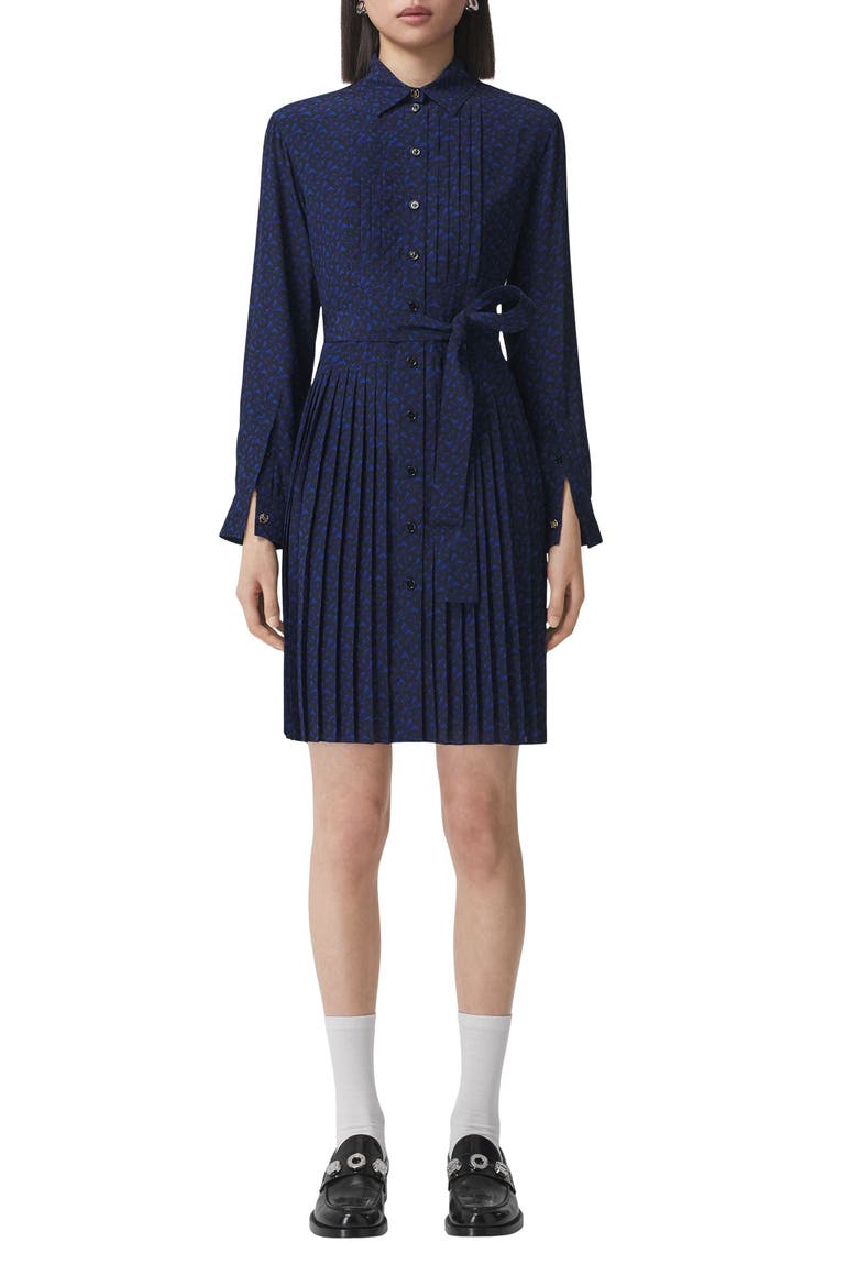 TB Monogram Print Pleated Silk Dress, Main, color, DEEP ROYAL BLUE PAT