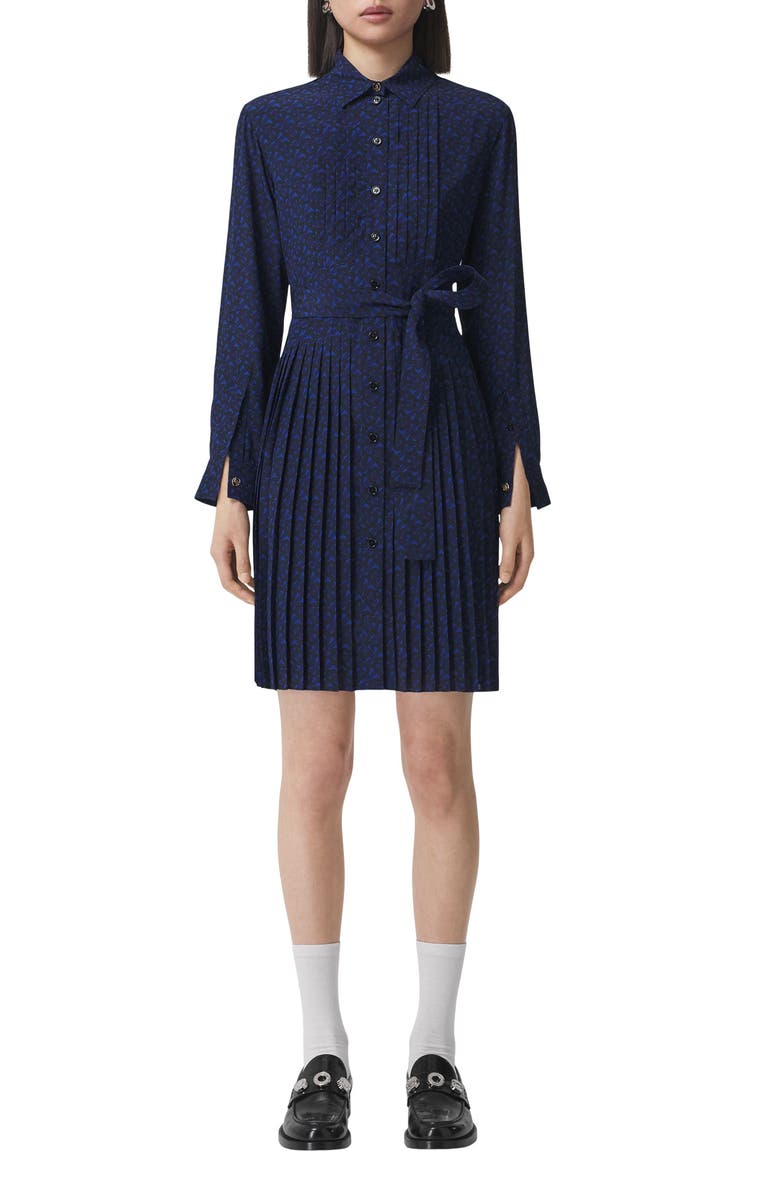 Burberry TB Monogram Print Pleated Silk Dress, Main, color, 