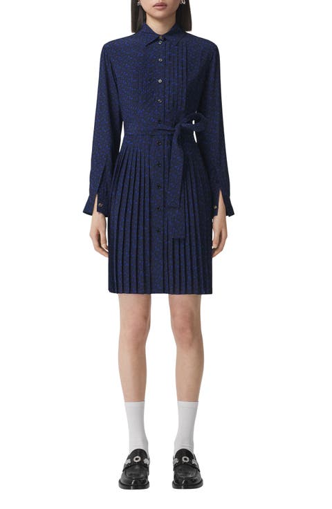 TB Monogram Print Pleated Silk Dress