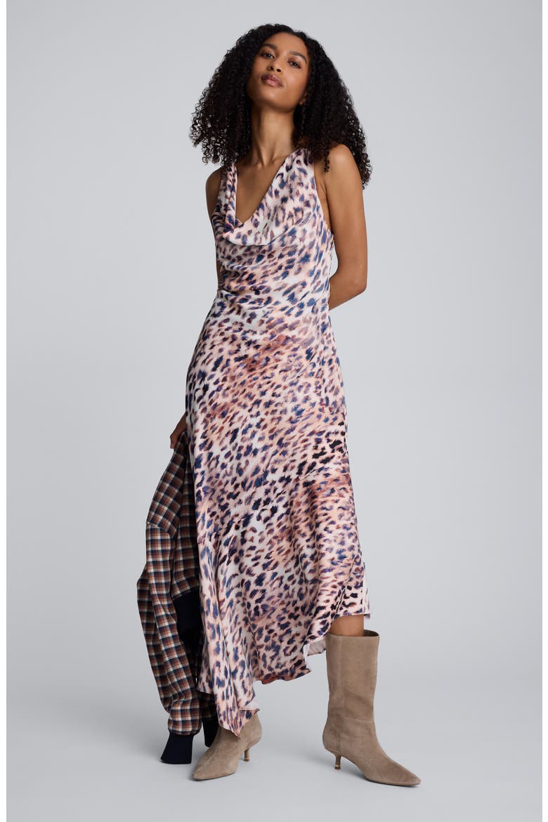 Abstract Animal Print Cowl Neck Asymmetric Dress, Alternate, color, RUSSET MULTI