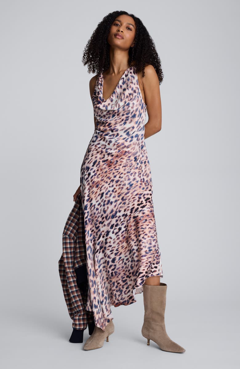 Kenneth Cole Abstract Animal Print Cowl Neck Asymmetric Dress, Alternate, color, Russet Multi