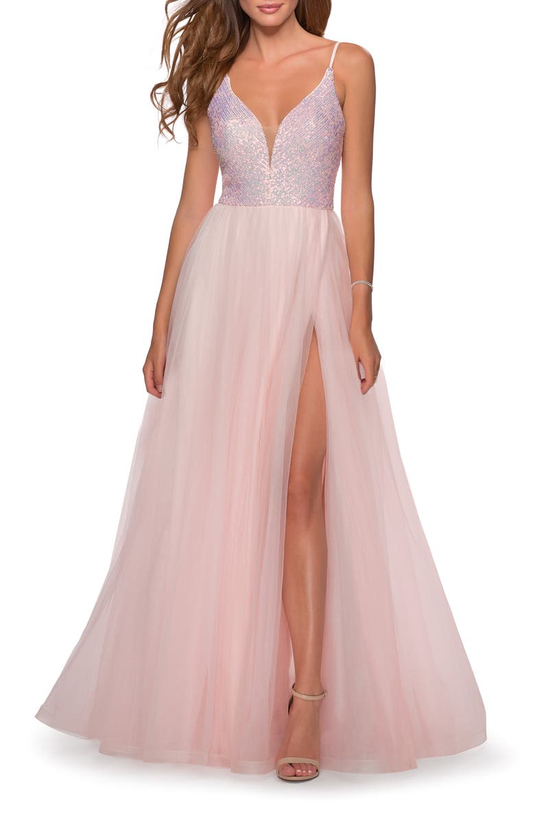 La Femme A-Line Tulle Ballgown, Main, color, 