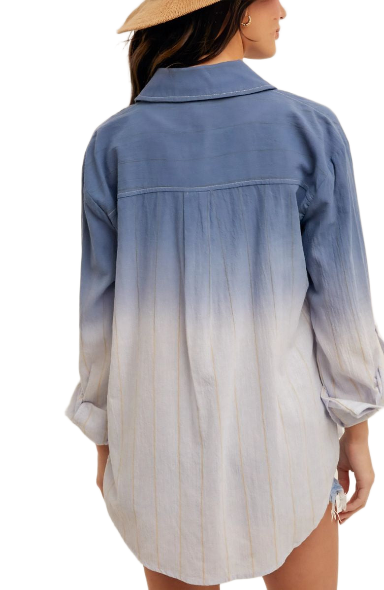 Knit and Lounge Ombre Button-Down Shirt with Roll-Tab Sleeves, Alternate, color, 