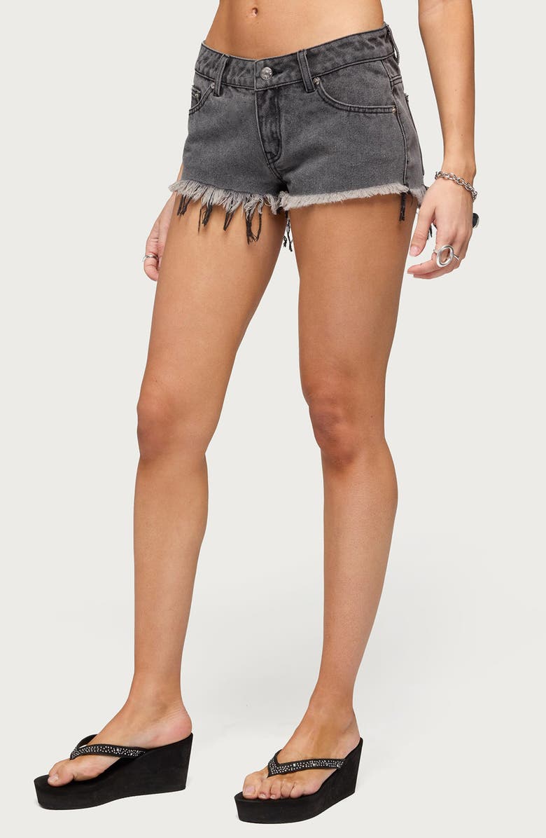 EDIKTED Low Rise Fray Hem Denim Shorts, Alternate, color, Black-Washed