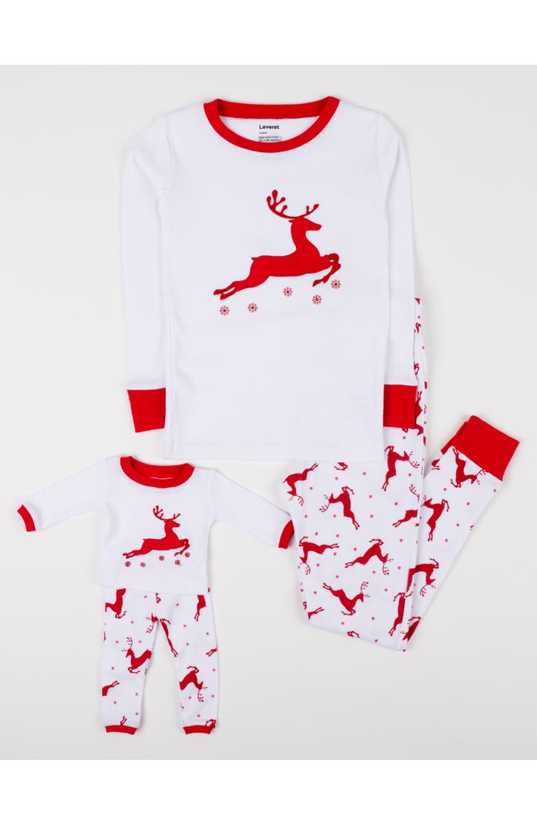 Leveret Girls 2-pc. Cotton Pajamas with Matching Doll Accessory -  Holiday Prints/Solids, Main, color, Reindeer White