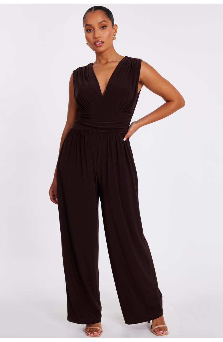 QUIZ Ity V-Neck Ruched Detail Jumpsuit, Main, color, Brown