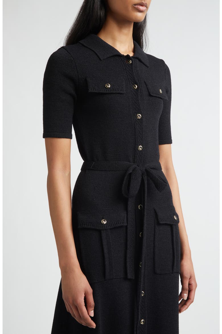 Zahara Belted Legacy Crepe Knit Dress, Alternate, color, BLACK