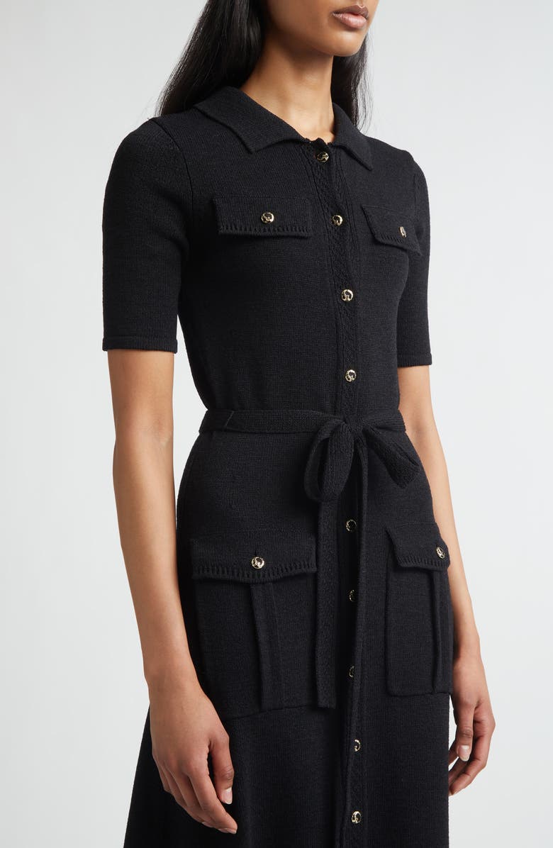 ST. JOHN Zahara Belted Legacy Crepe Knit Dress, Alternate, color, Black