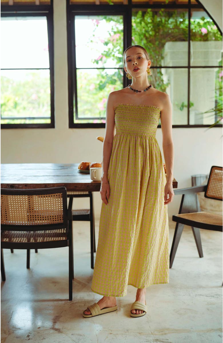 PINK HALEY Ava Strapless Crinkle Gingham Dress in Lemonade, Alternate, color, Yellow