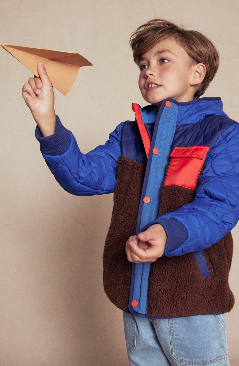 Mini Boden Kids' Colorblock Mixed Media Hooded Jacket, Alternate, color, Dark Colourblock