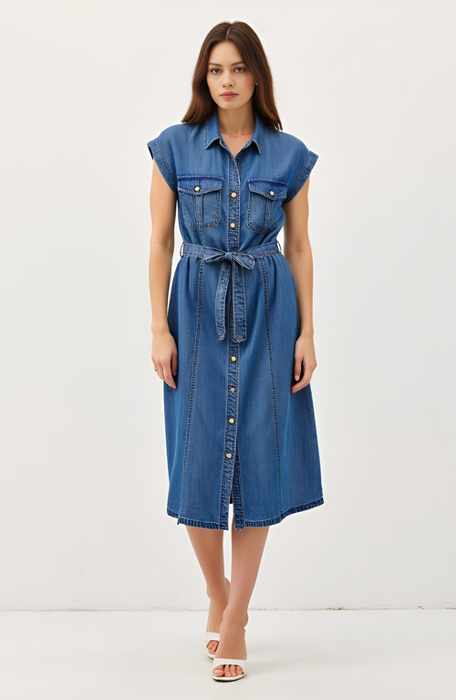 Modenaire Sleeveless Denim Midi Shirt Dress With Button Front And Tie Waist In Blue