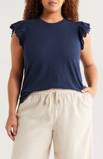 Caslon ® Mixed Media Eyelet Trim Top In Blue