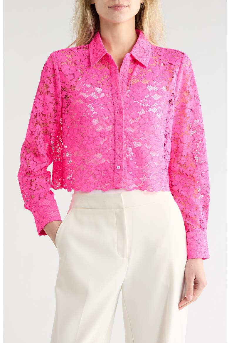 Akemi Lace Crop Button-Up Shirt, Main, color, PINK GLO