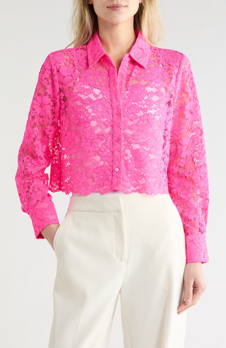 L'AGENCE Akemi Lace Crop Button-Up Shirt, Main, color, Pink Glo