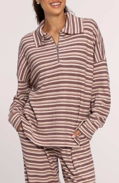 Striped Ribbed Quarter Zip Pullover