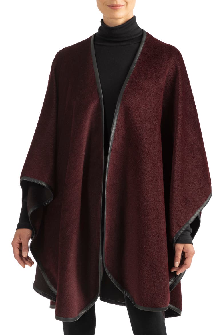 Leather Trim Alpaca Blend Wrap, Main, color, BORDEAUX