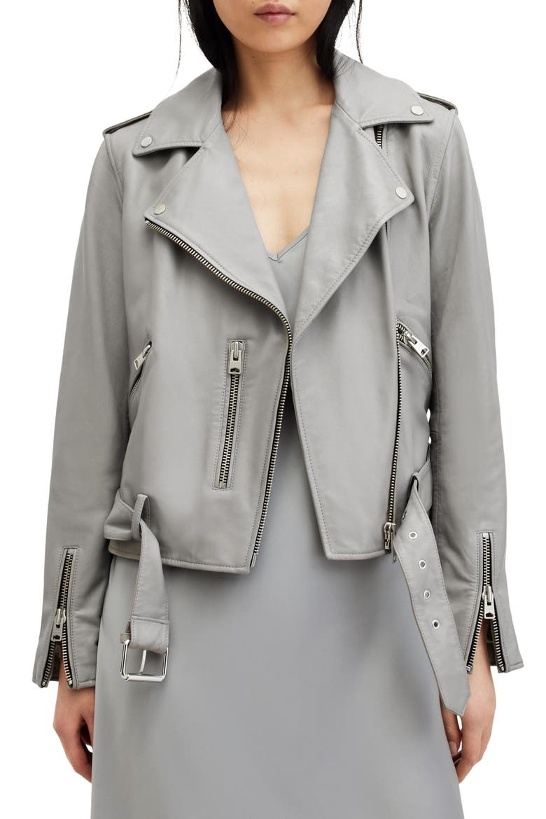 Balfern Belted Leather Biker Jacket, Main, color, ULTIMATE GREY