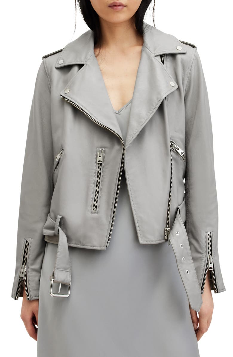 AllSaints Balfern Belted Leather Biker Jacket, Main, color,