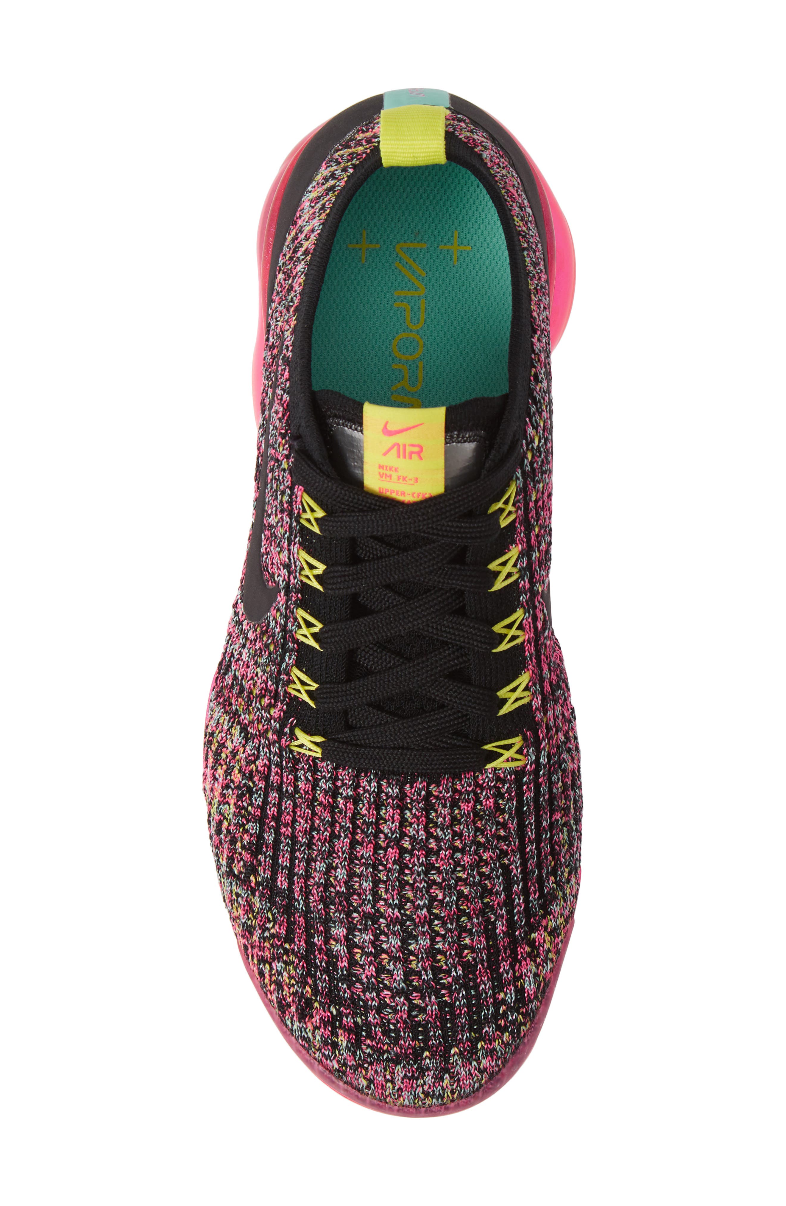 Air VaporMax Flyknit 3 Sneaker, Alternate, color, BLACK/ BLACK/ PINK/ TURQUOISE
