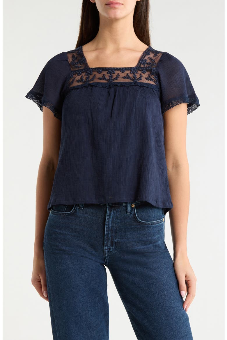 Lace Mesh Detail Square Neck Cotton Top, Main, color, SPELLBOUND