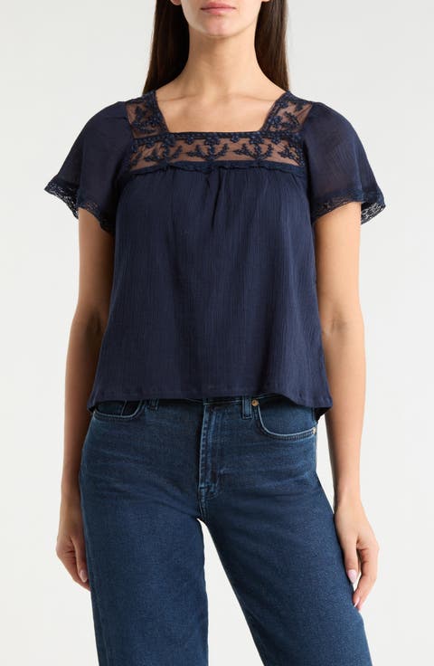Lace Mesh Detail Square Neck Cotton Top