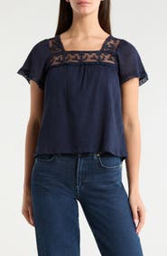 Lucky Brand Lace Mesh Detail Square Neck Cotton Top