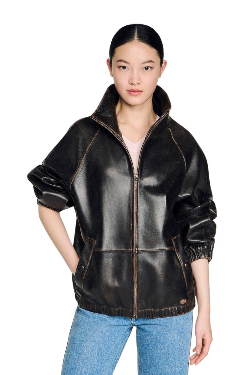 SANDRO Distressed leather jacket, Main, color, Brown