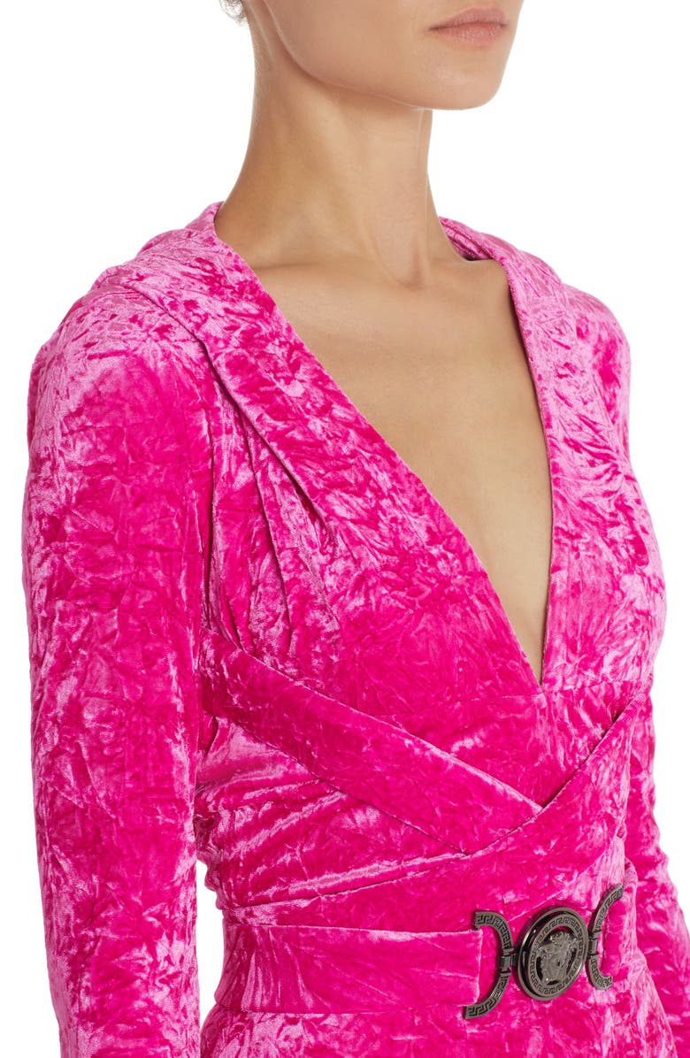 Versace Hooded Long Sleeve Deep V-Neck Crushed Velvet Midi Dress, Alternate, color, 