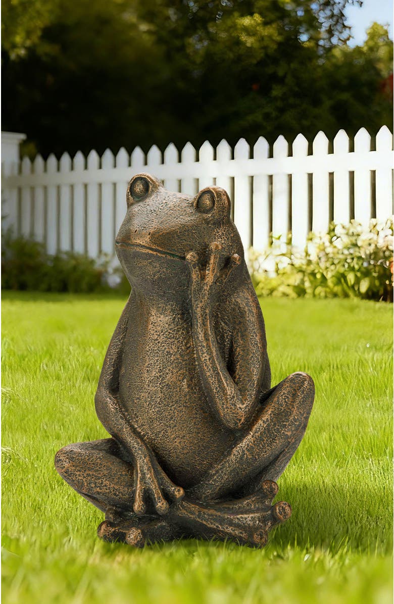 Glitzhome 12"H Resin Bronze Sitting Frog Statue, Alternate, color, Brown