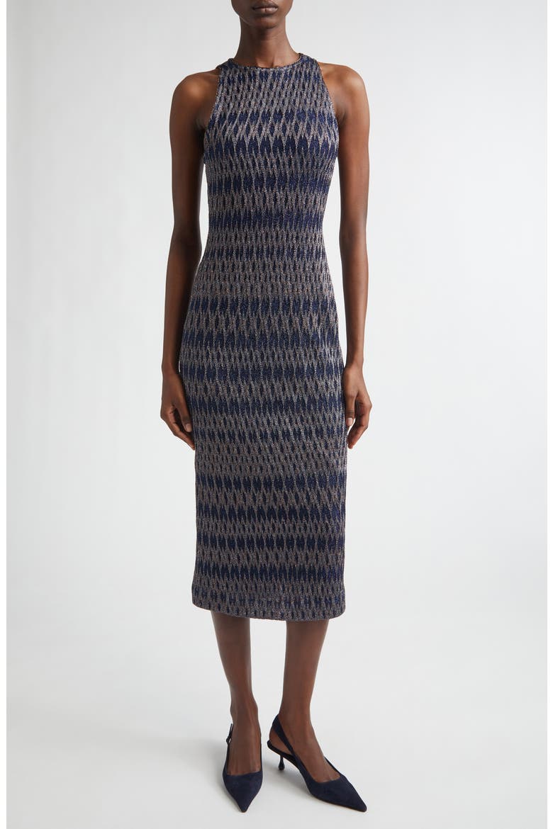 3D Diamond Pattern Lamé Midi Dress, Alternate, color, BLUE TONES
