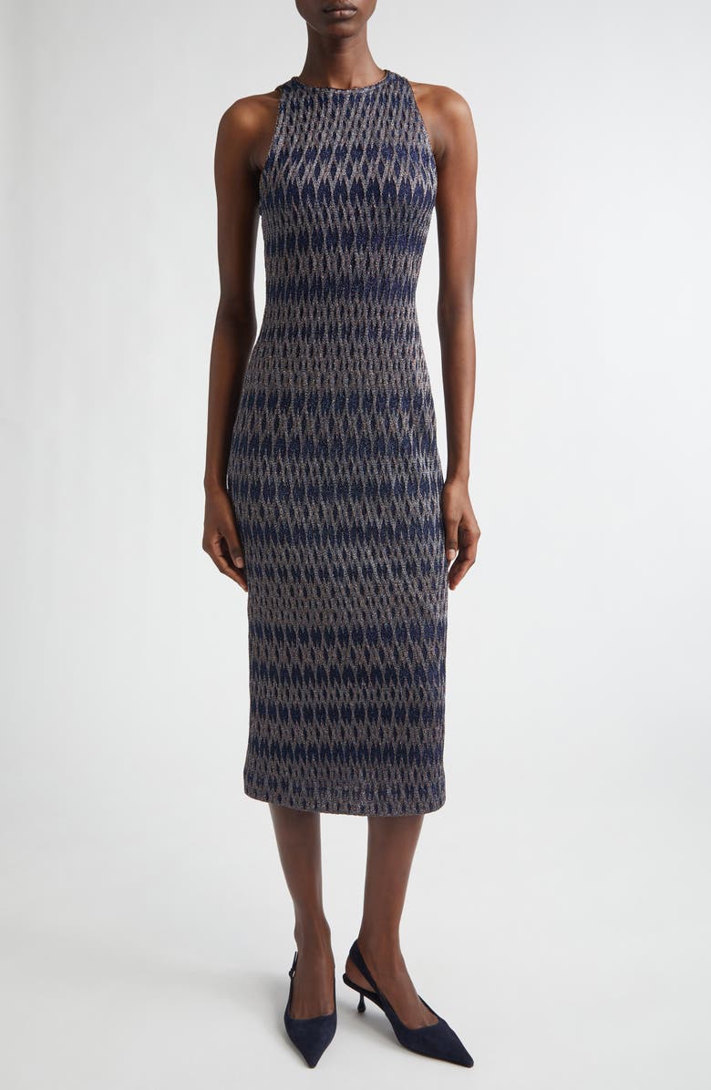 Missoni 3D Diamond Pattern Lamé Midi Dress, Main, color, Blue Tones