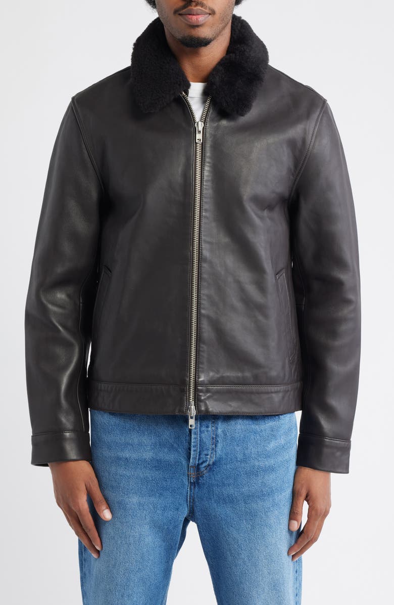 Wax London Kendal Leather Flight Jacket with Genuine Shearling Collar, Alternate, color, Dark Brown